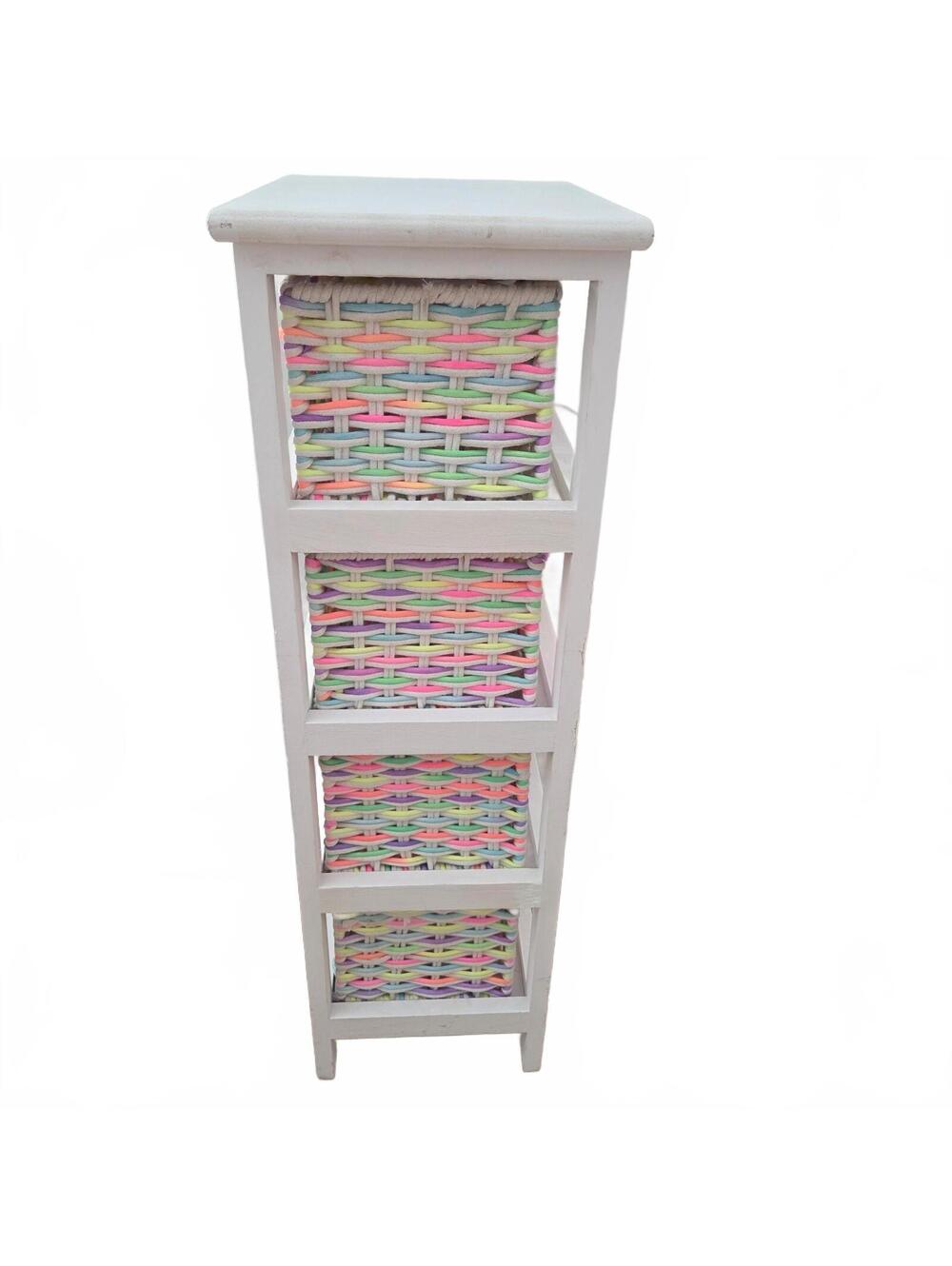 White 4-Tier Wooden Storage Tower Chest with Pastel Woven Basket Drawers